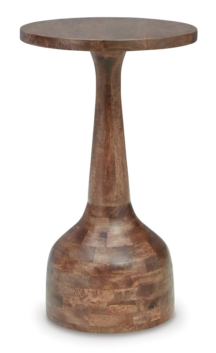 Round dark-brown wooden accent table with carved pedestal base and flat tabletop