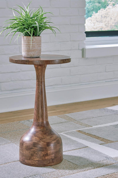 Round dark-brown wooden accent side table with narrow pedestal and wide base