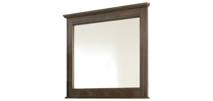 Bedroom mirror with dark brown wooden frame and square glass panel