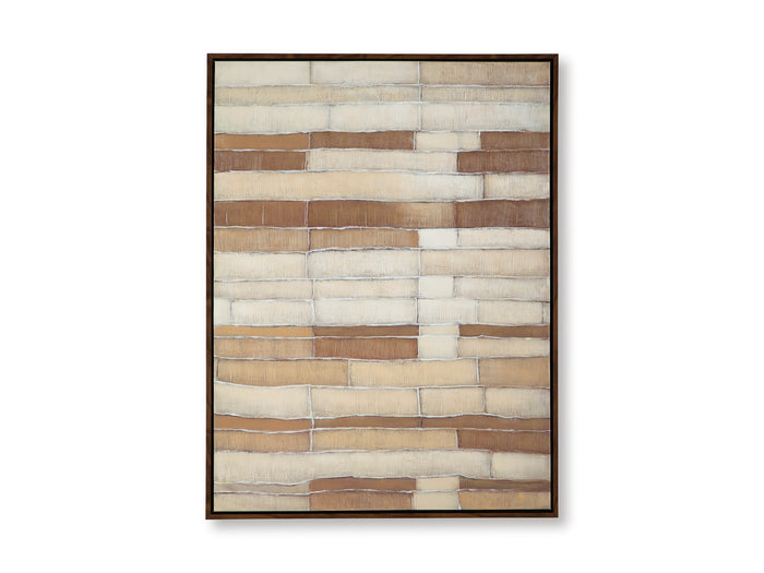 Framed wall art with horizontal brick stripes in beige, white, and brown