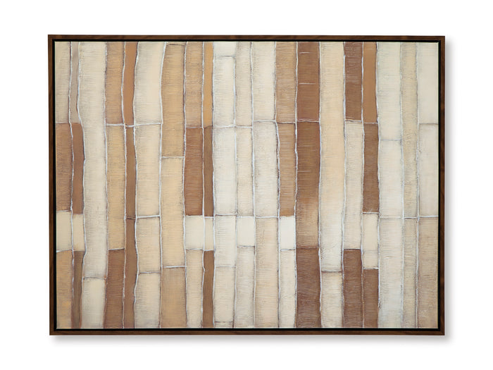 Framed wall art close-up with vertical striped brick pattern in beige, white, and brown