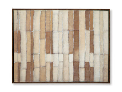Framed wall art close-up with vertical striped brick pattern in beige, white, and brown