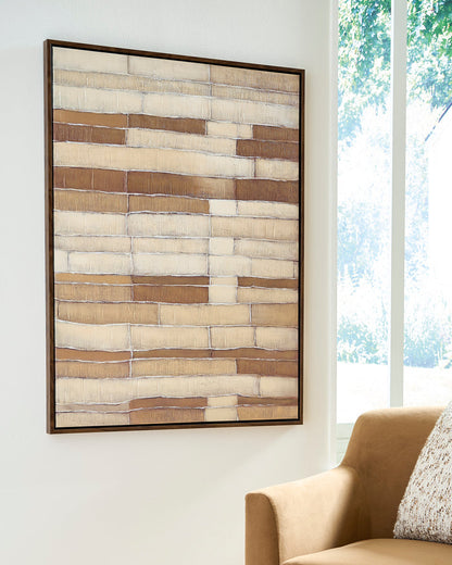 Framed wall art with layered horizontal brick stripes in beige, white, and brown