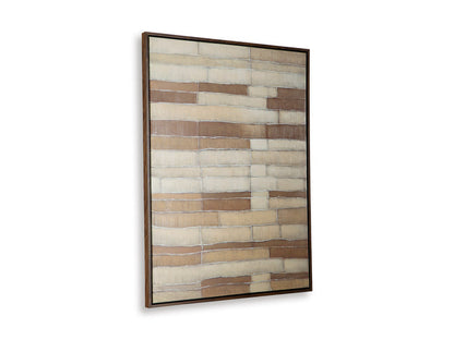 Framed wall art with vertical brick-like blocks in beige, white, and brown