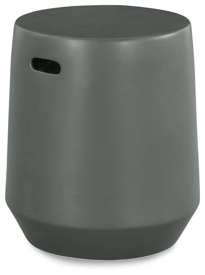 Dark gray round stool with flat top and side carry handle opening