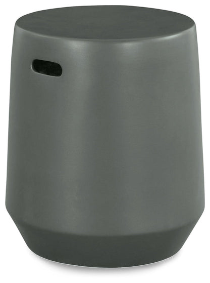 Dark gray round stool with flat top and side carry handle opening