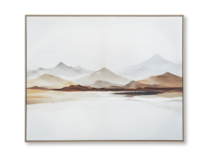 Framed mountain landscape wall art with soft gray peaks and pale water reflections