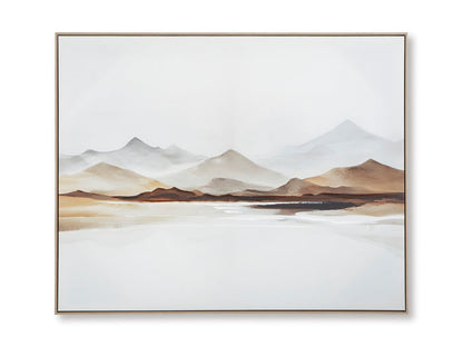 Framed mountain landscape wall art with soft gray peaks and pale water reflections