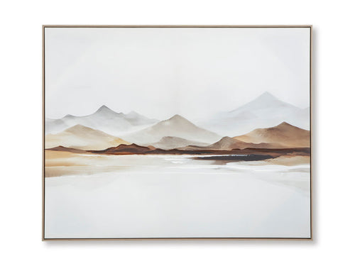 Framed mountain landscape wall art with soft gray peaks and pale water reflections
