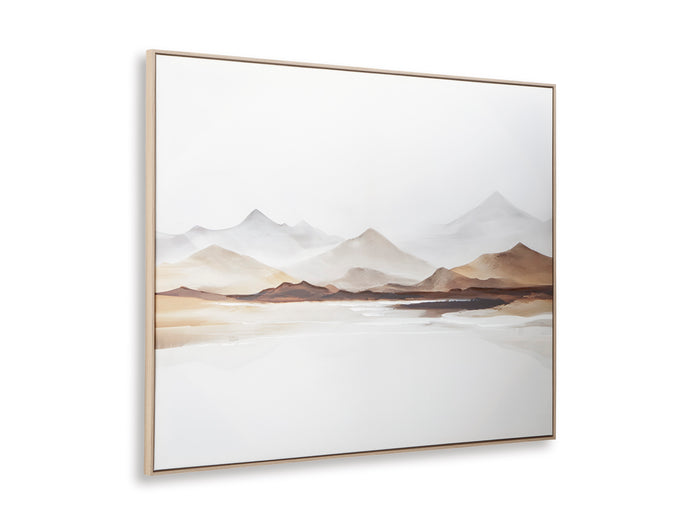 Framed mountain landscape wall art with beige and gray desert scene, white mat