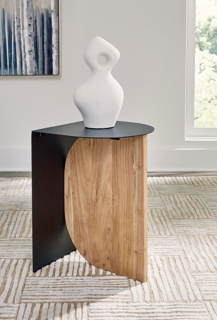 Round accent table with dark top and wood-grain pedestal base