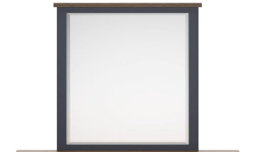 Wall-mounted bedroom mirror with charcoal frame and light wood top trim