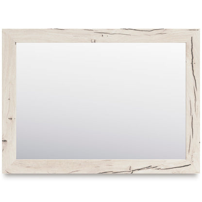 Rectangular wall mirror with distressed light wood frame and smooth glass panel