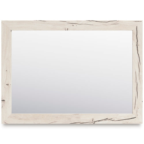 Rectangular wall mirror with distressed light wood frame and smooth glass panel