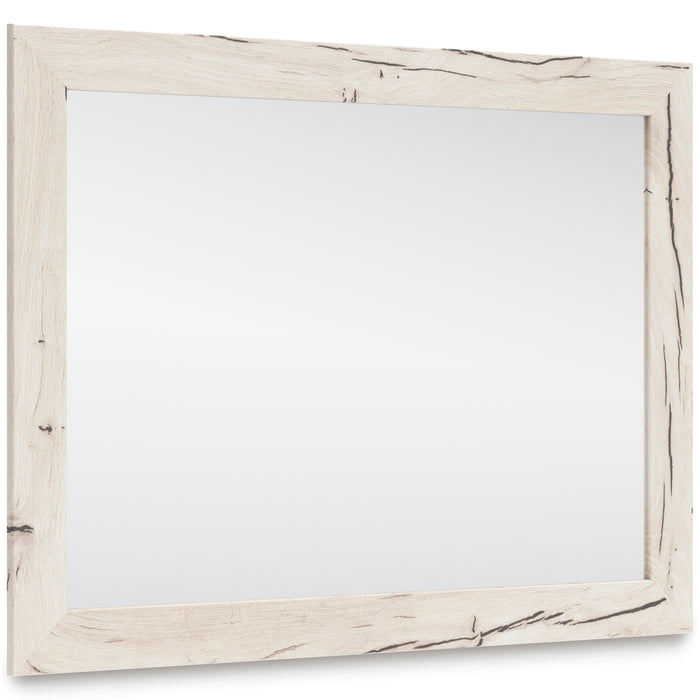 Rectangular bedroom wall mirror with distressed pale wood frame and clear glass