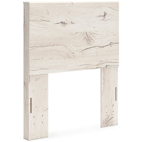 Whitewashed light-wood panel headboard with two vertical side leg cutouts