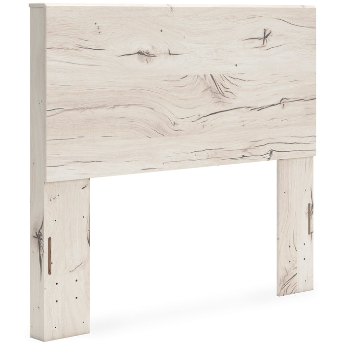 Whitewashed light-wood panel headboard with weathered grain and side leg cutouts