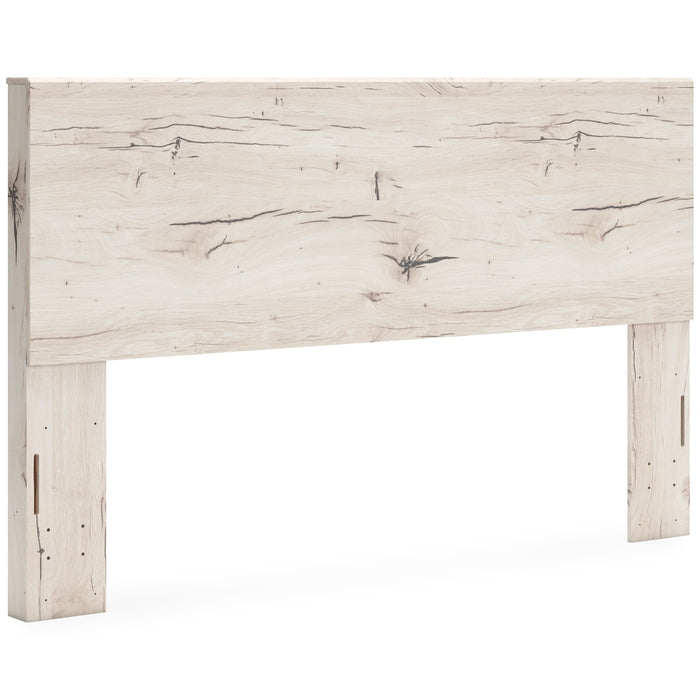 Whitewashed light-wood panel headboard front, prominent horizontal grain panel