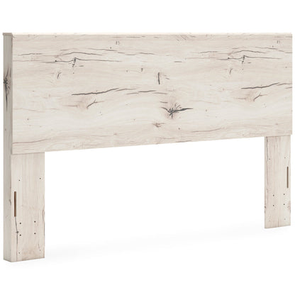 Whitewashed light-wood panel headboard front, prominent horizontal grain panel