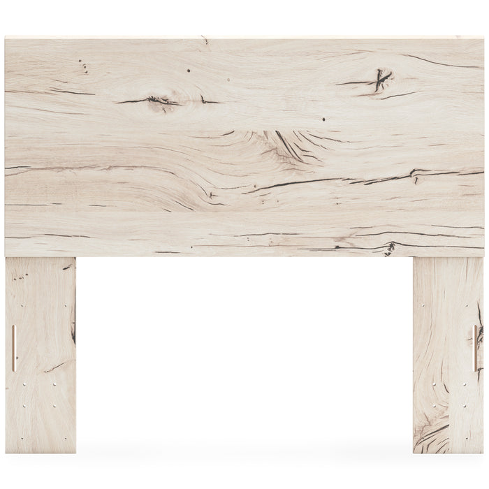 Whitewashed light-wood panel headboard front with weathered texture and side leg openings