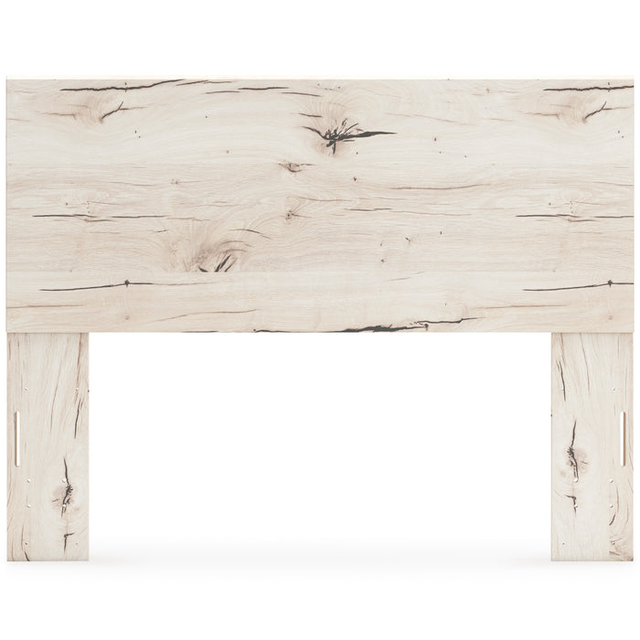 Whitewashed light-wood panel headboard with wide top panel and two side supports