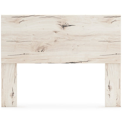 Whitewashed light-wood panel headboard with wide top panel and two side supports