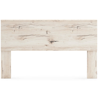 Whitewashed light-wood panel headboard front, centered horizontal board with side legs