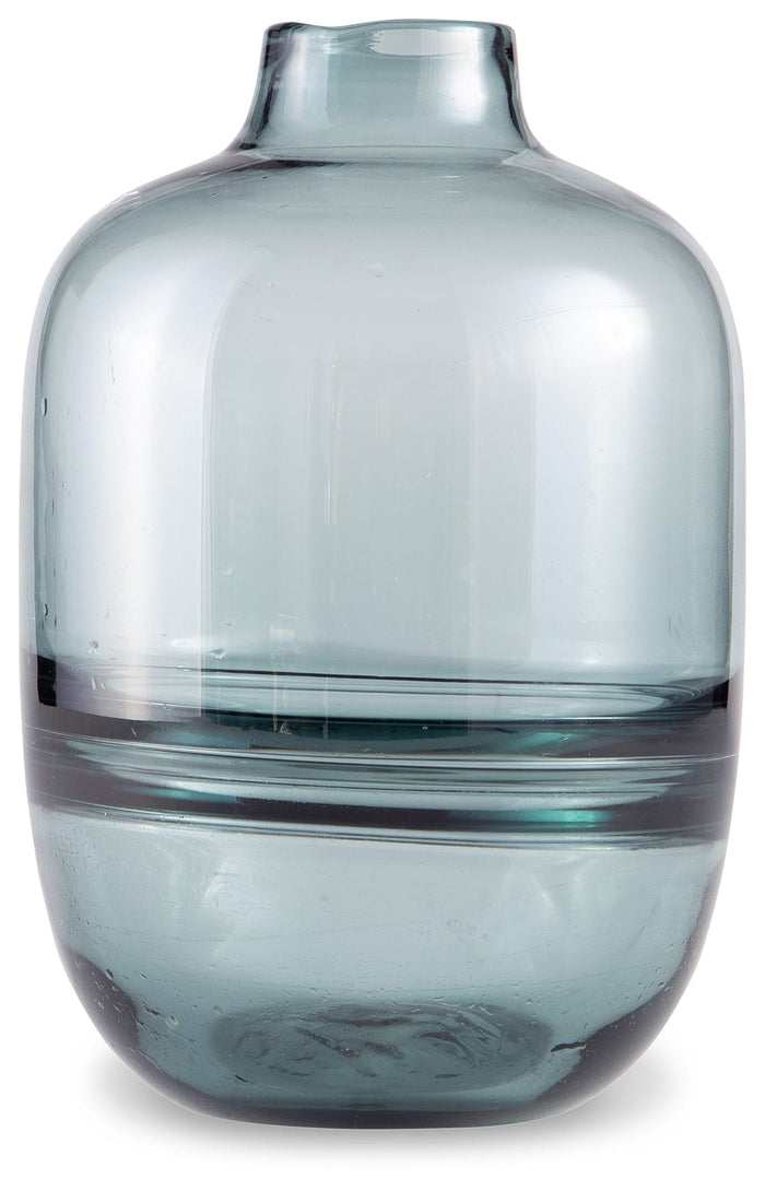 Light blue glass vase with rounded body and short narrow neck