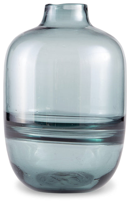 Light blue glass vase with rounded body and short narrow neck