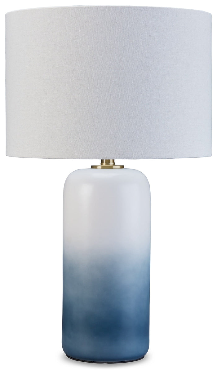 Lemrich table lamp with white drum shade and blue ceramic base with brass neck