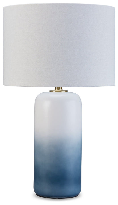 Lemrich table lamp with white drum shade and blue ceramic base with brass neck