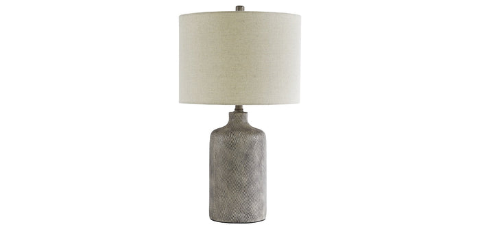 Linus table lamp with gray textured base and white fabric drum shade