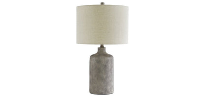 Linus table lamp with gray textured base and white fabric drum shade