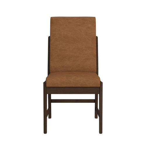 Brown upholstered dining chair with tall back and cushioned seat, dark wood legs