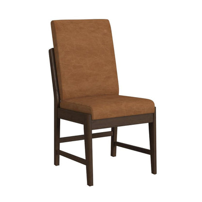 Brown upholstered dining chair, angled view, tall back, cushioned seat, dark wood frame