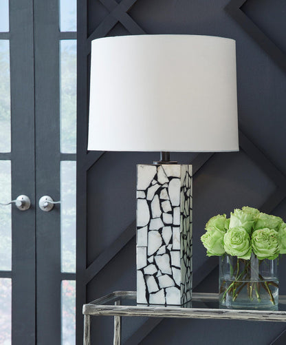 Table lamp with white fabric shade and mosaic stone pattern base