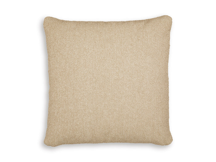 Square throw pillow in light tan textured fabric with clean edges