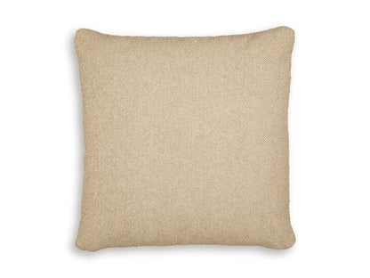 Square throw pillow in light tan textured fabric with clean edges