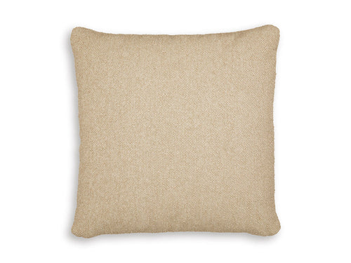 Square throw pillow in light tan textured fabric with clean edges