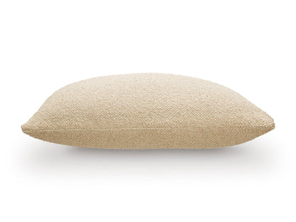 Light tan textured throw pillow, rounded oblong shape