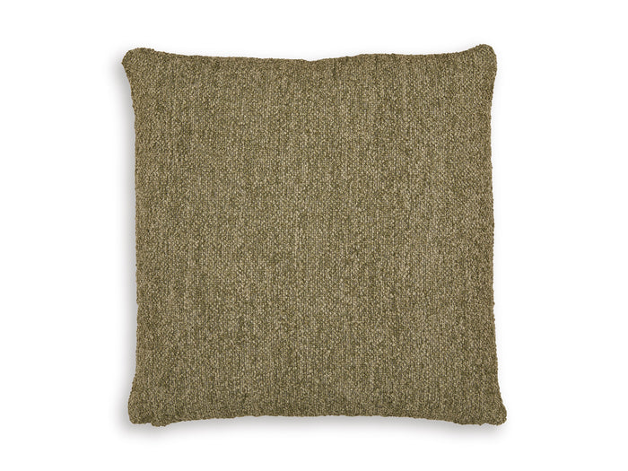 Square throw pillow in olive textured fabric with clean edges