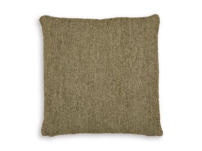 Square throw pillow in olive textured fabric with clean edges