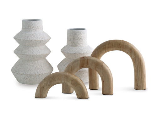 Accessory set with two white tiered ceramic holders and three light wood arched bases