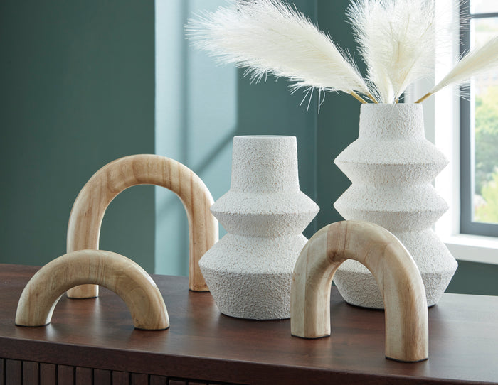 Accessory set with white textured tiered holders and light wood arched pieces