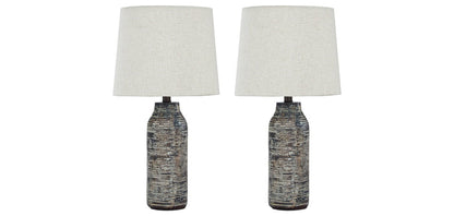 Set of two table lamps with off-white fabric shades and textured dark gray bases