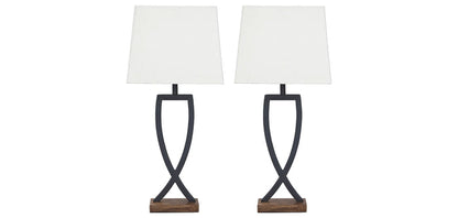Set of two table lamps with white shades and dark curved bases with wood accents