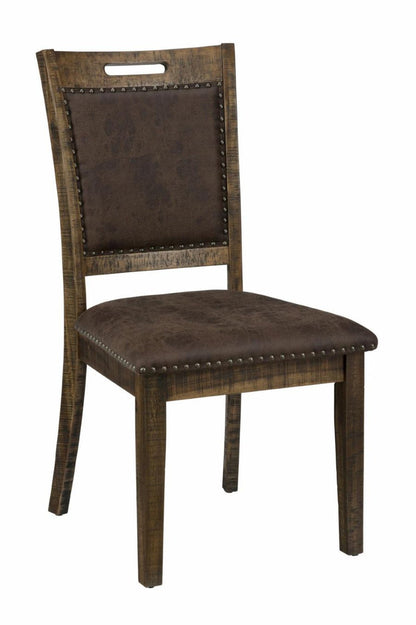 Upholstered dining side chair with dark fabric seat, nailhead trim, wooden legs