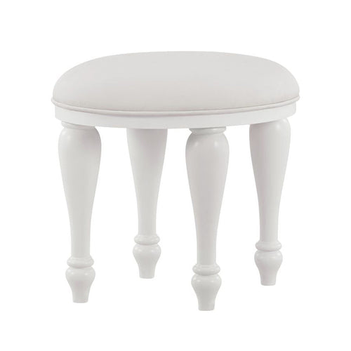 Round vanity stool with light gray padded seat and white turned legs
