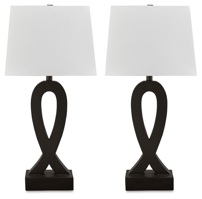 Set of 2 black table lamps with white square shades and ribbon-style bases
