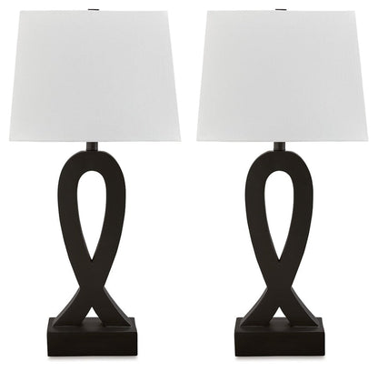 Set of 2 black table lamps with white square shades and ribbon-style bases